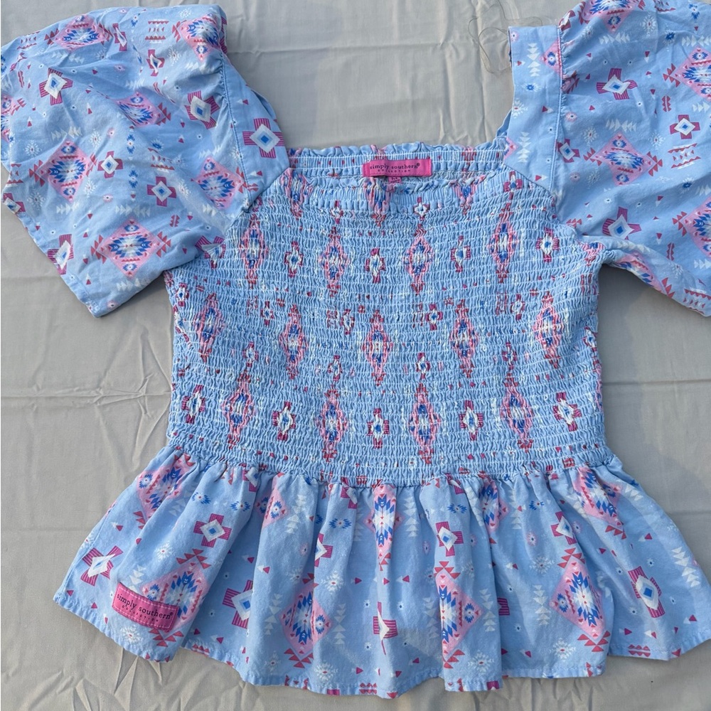 Simply Southern Light Blue Smocked Square-Neck Peplum Top with Pink Print